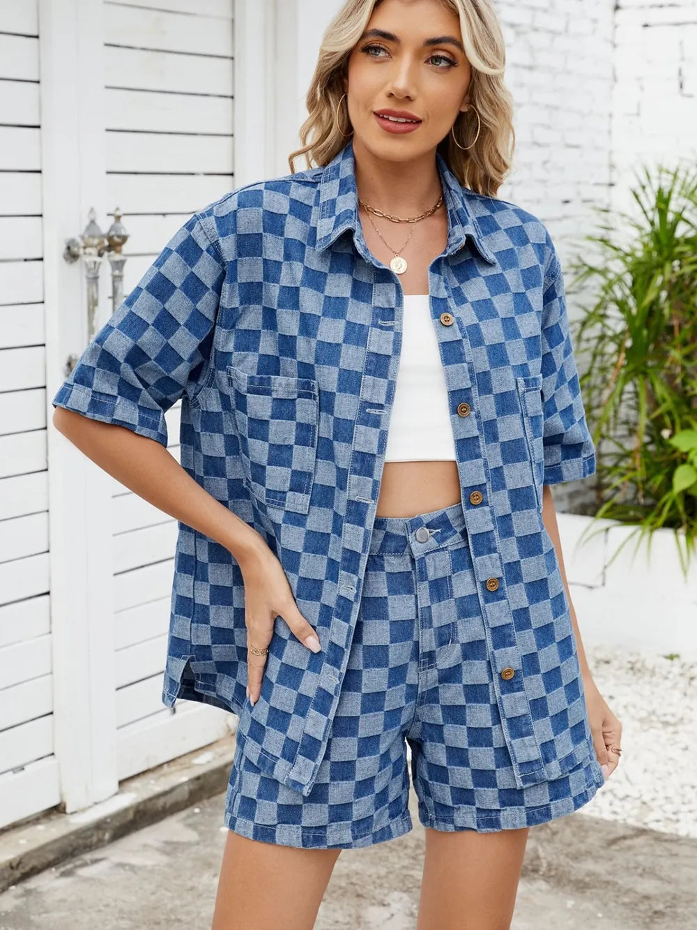 Checkered Shirt and Shorts Denim Set - CHIC TB