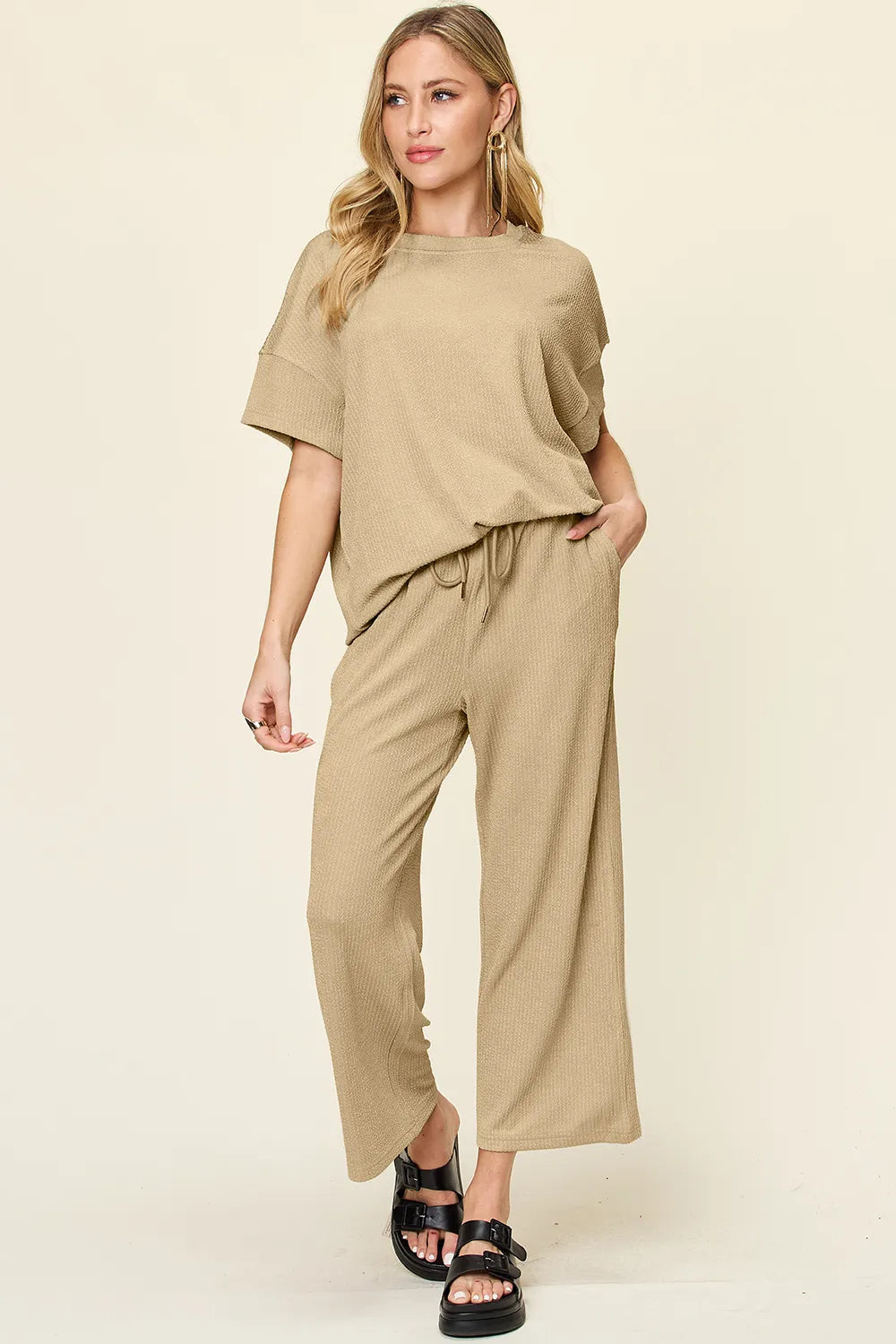 Double Take Full Size Texture Round Neck Short Sleeve T-Shirt and Wide Leg Pants - CHIC TB