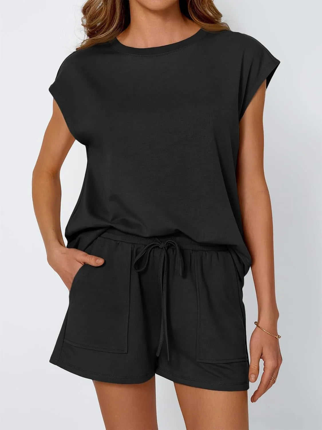 Round Neck Cap Sleeve Top and Shorts Set - CHIC TB