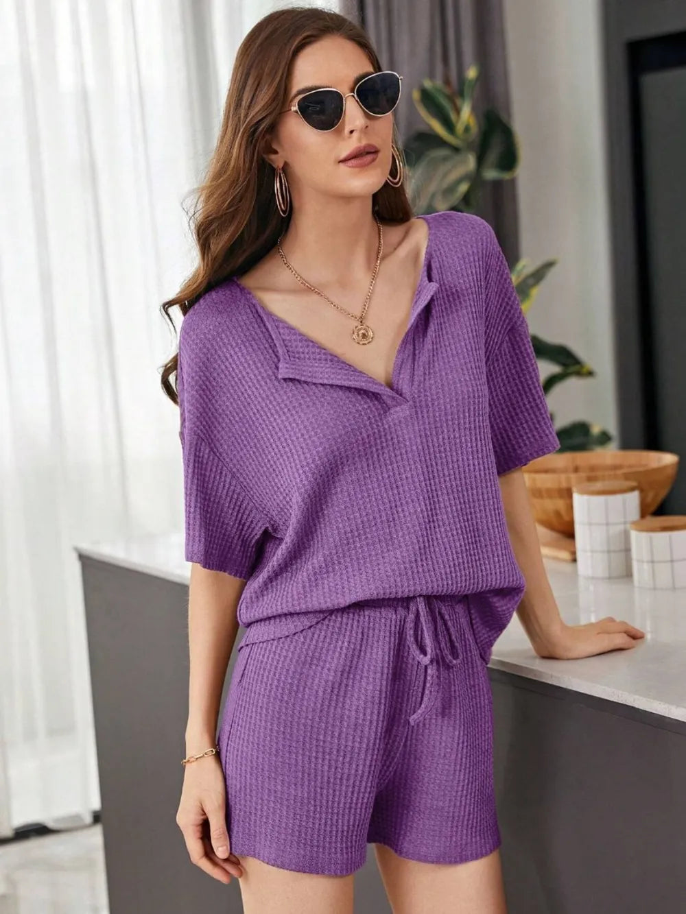 Full Size Waffle-Knit Dropped Shoulder Top and Shorts Set - CHIC TB