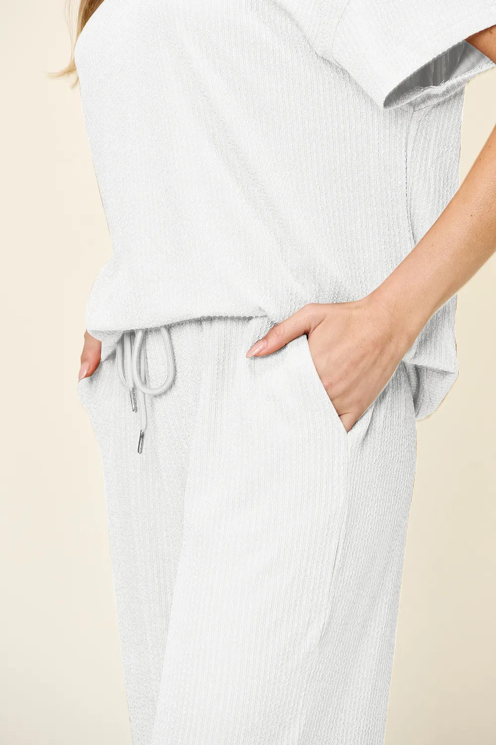 Double Take Full Size Texture Round Neck Short Sleeve T-Shirt and Wide Leg Pants - CHIC TB