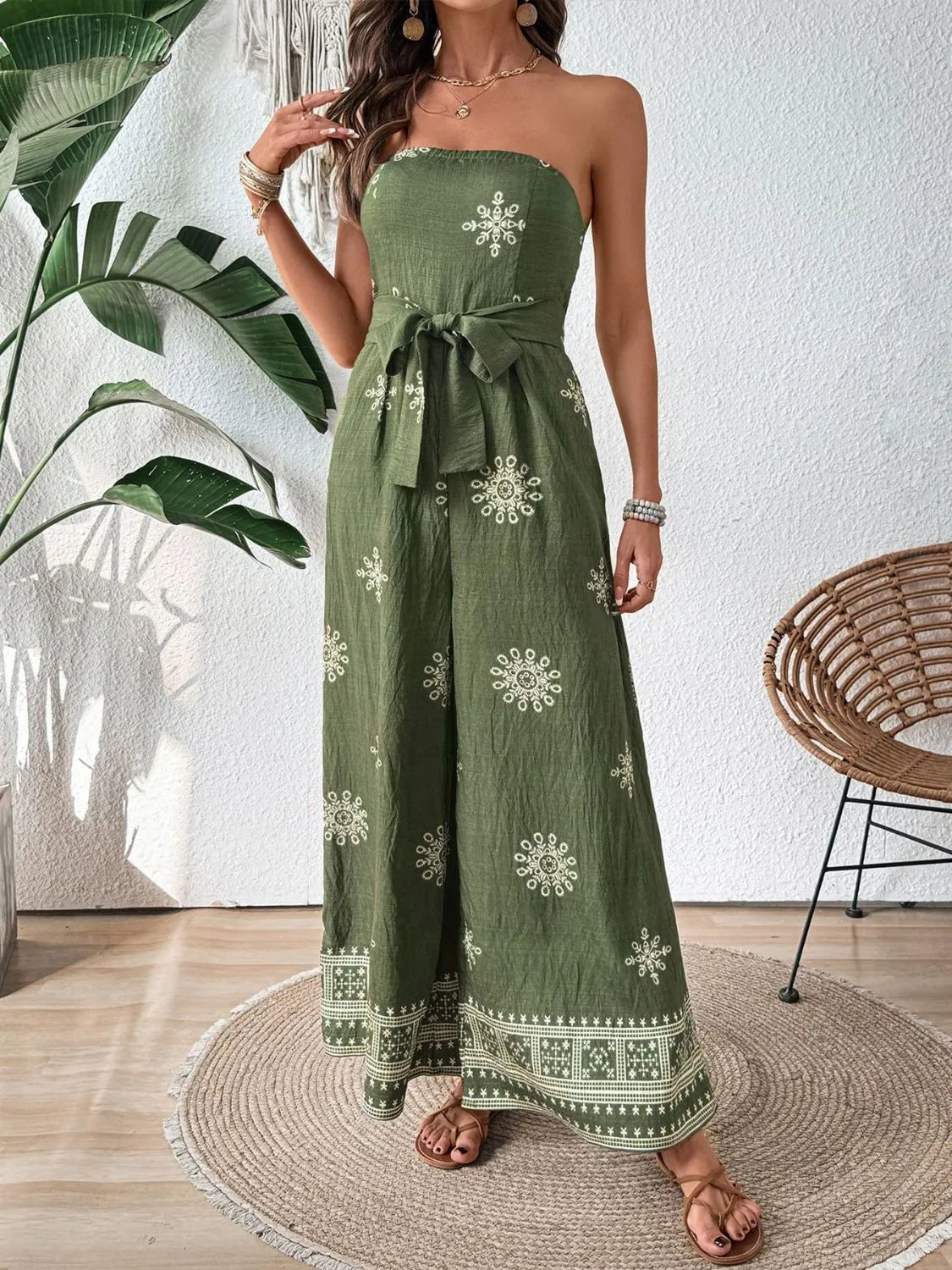 Printed Wide Leg Tube Jumpsuit - CHIC TB