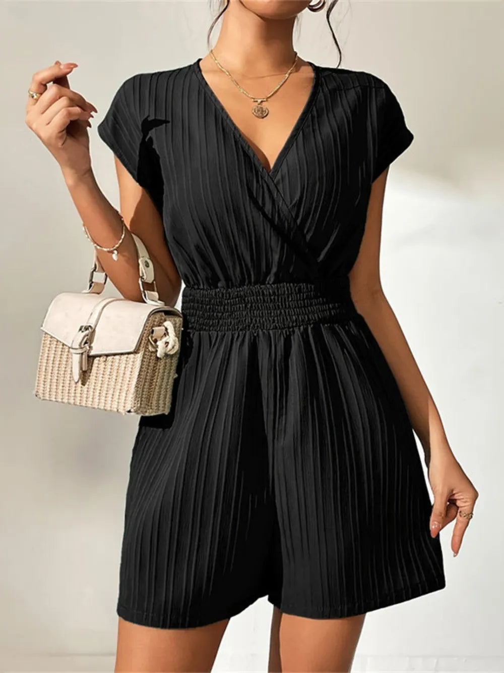 Tied Surplice Short Sleeve Romper - CHIC TB