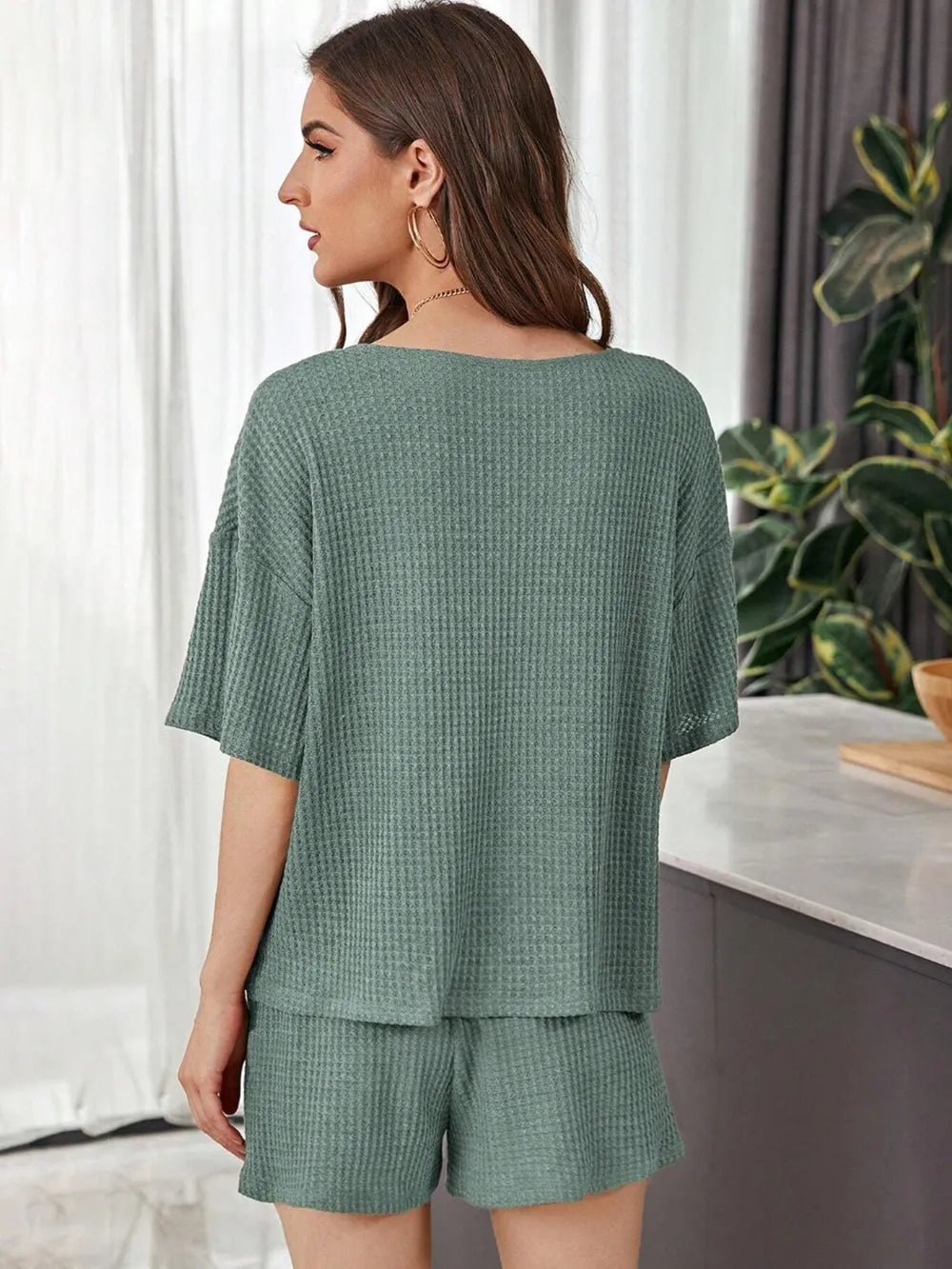 Full Size Waffle-Knit Dropped Shoulder Top and Shorts Set - CHIC TB