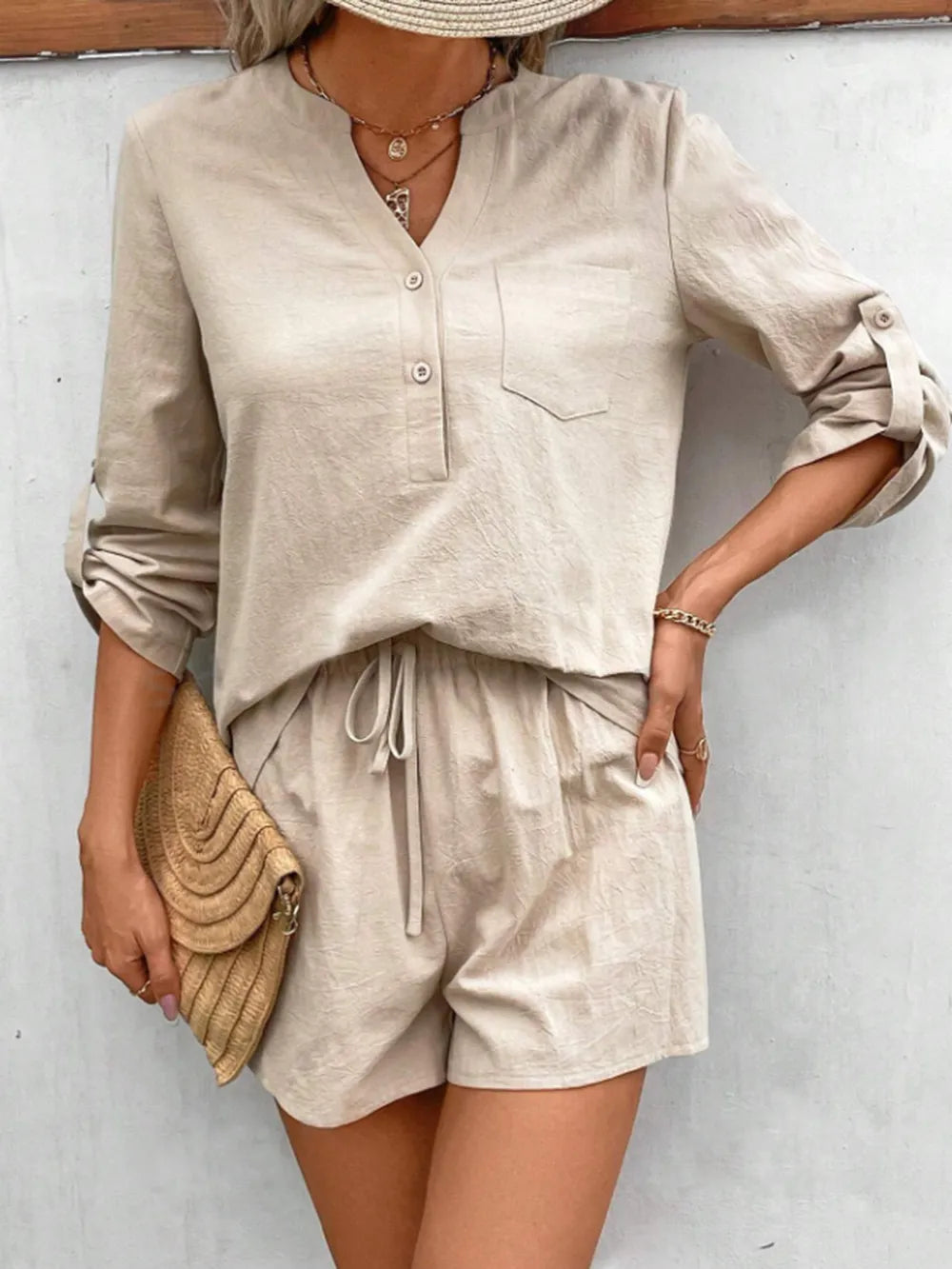 Notched Long Sleeve Top and Shorts Set - CHIC TB