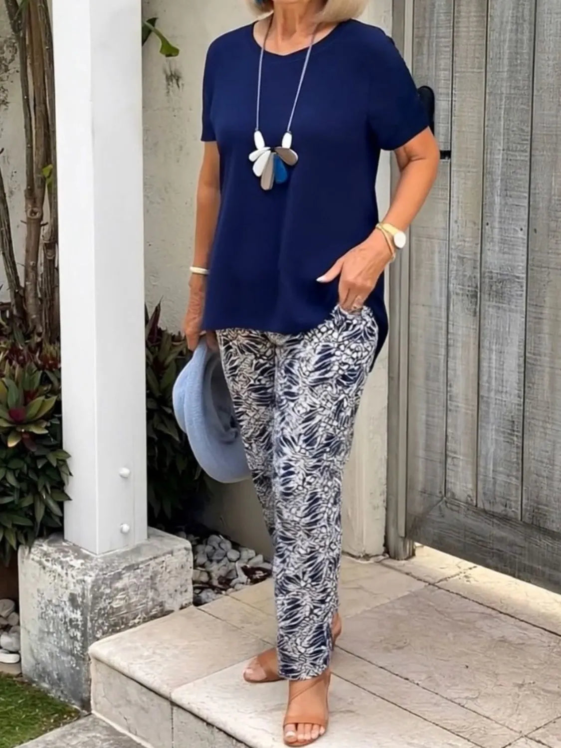 Full Size Round Neck Short Sleeve Top and Pants Set Plus Size - CHIC TB