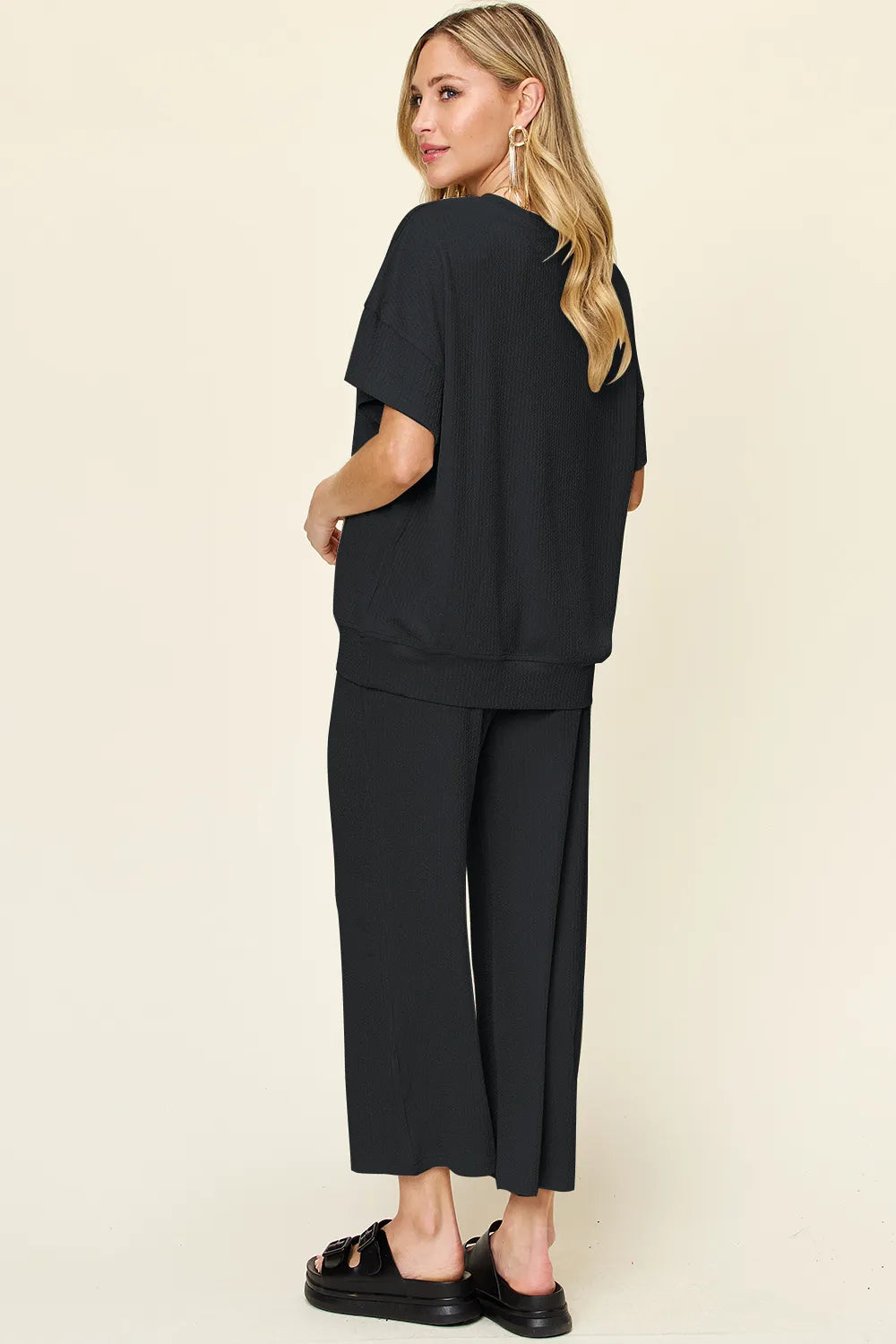 Double Take Full Size Texture Round Neck Short Sleeve T-Shirt and Wide Leg Pants - CHIC TB