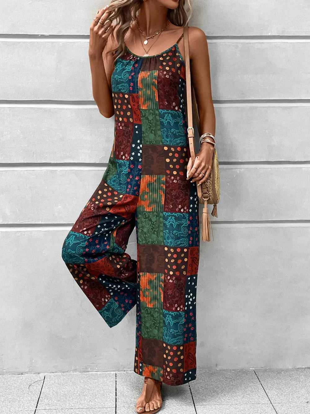 Printed Scoop Neck Spaghetti Strap Jumpsuit - CHIC TB