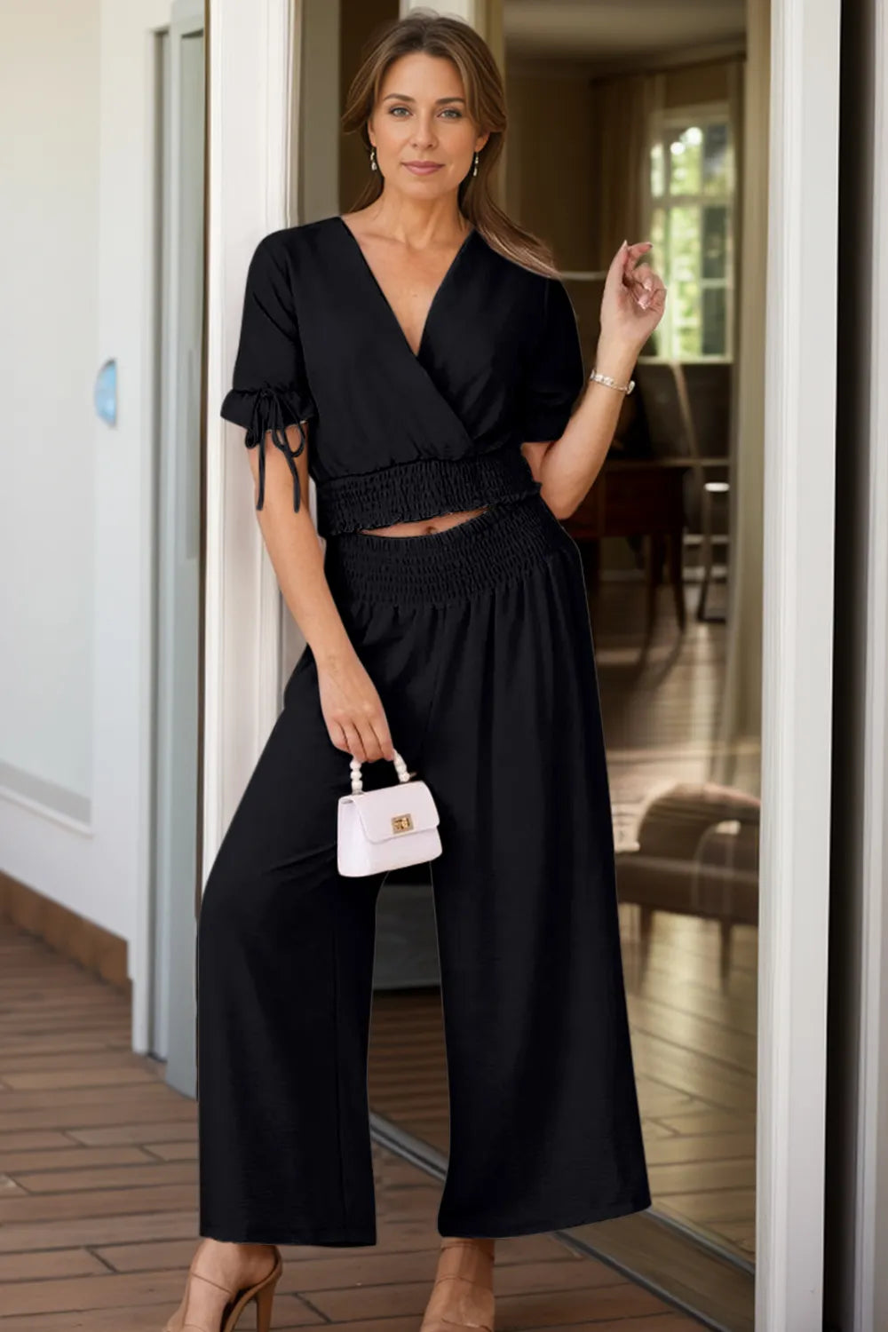 Surplice Short Sleeve Top and Pants Set - CHIC TB