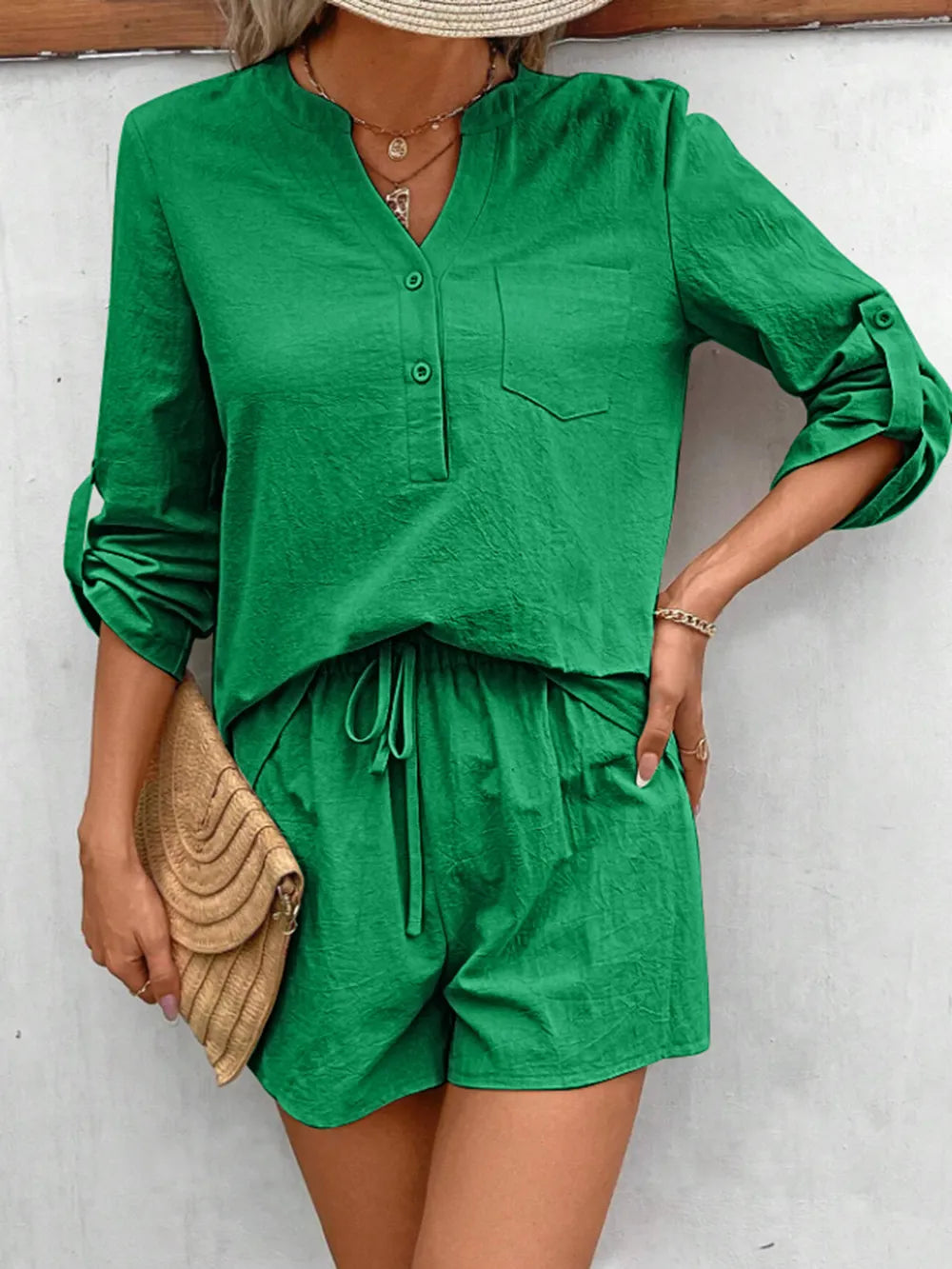 Notched Long Sleeve Top and Shorts Set - CHIC TB
