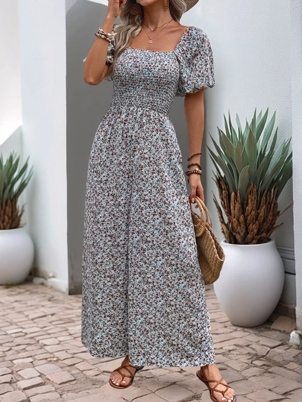 Perfee Ditsy Floral Smocked Square Neck Puff Sleeve Jumpsuit - CHIC TB