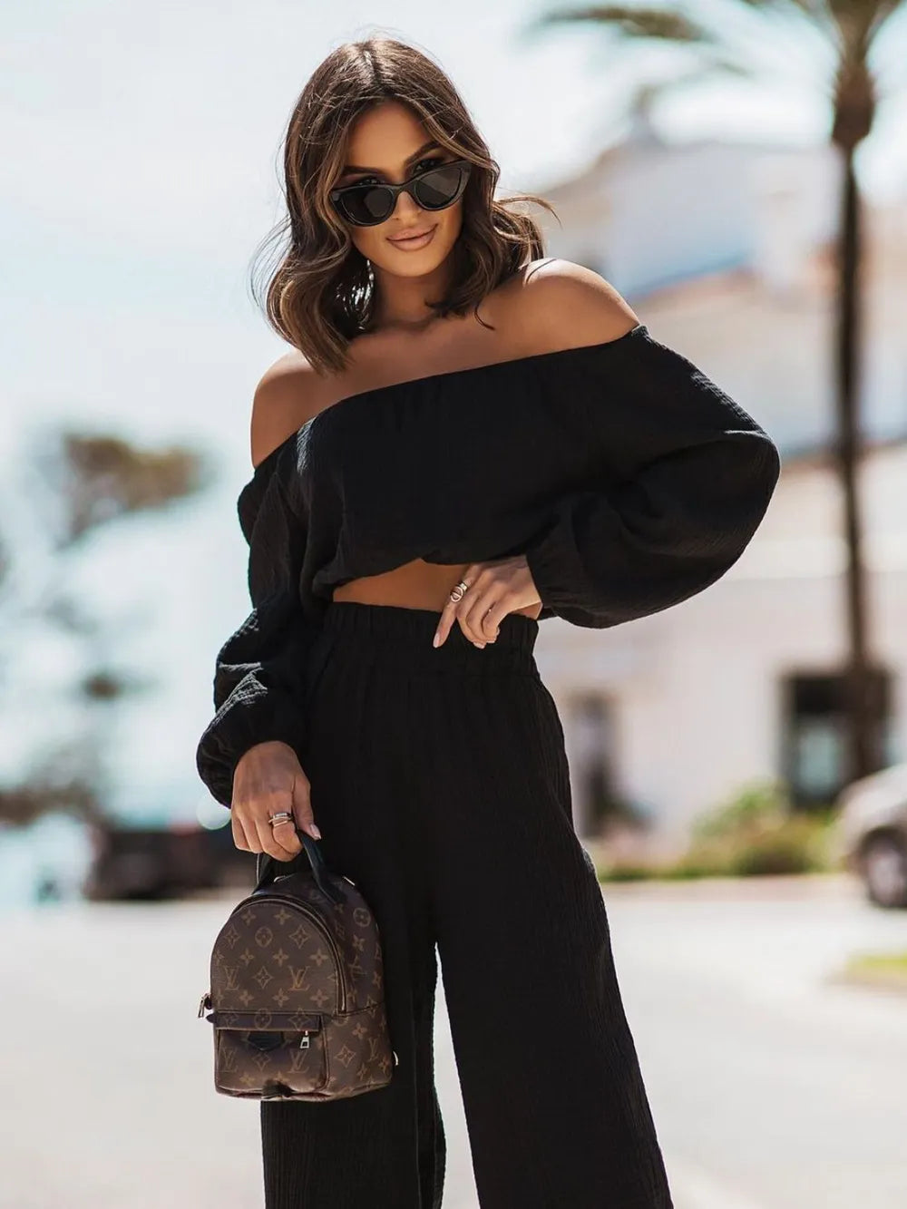 Off Shoulder Long Sleeve Top and Pants Set - CHIC TB