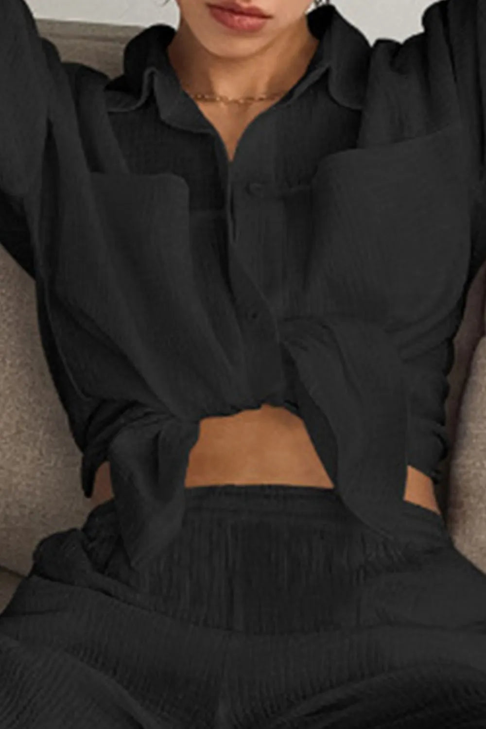 Texture Button Up Long Sleeve Shirt and Pants Set - CHIC TB