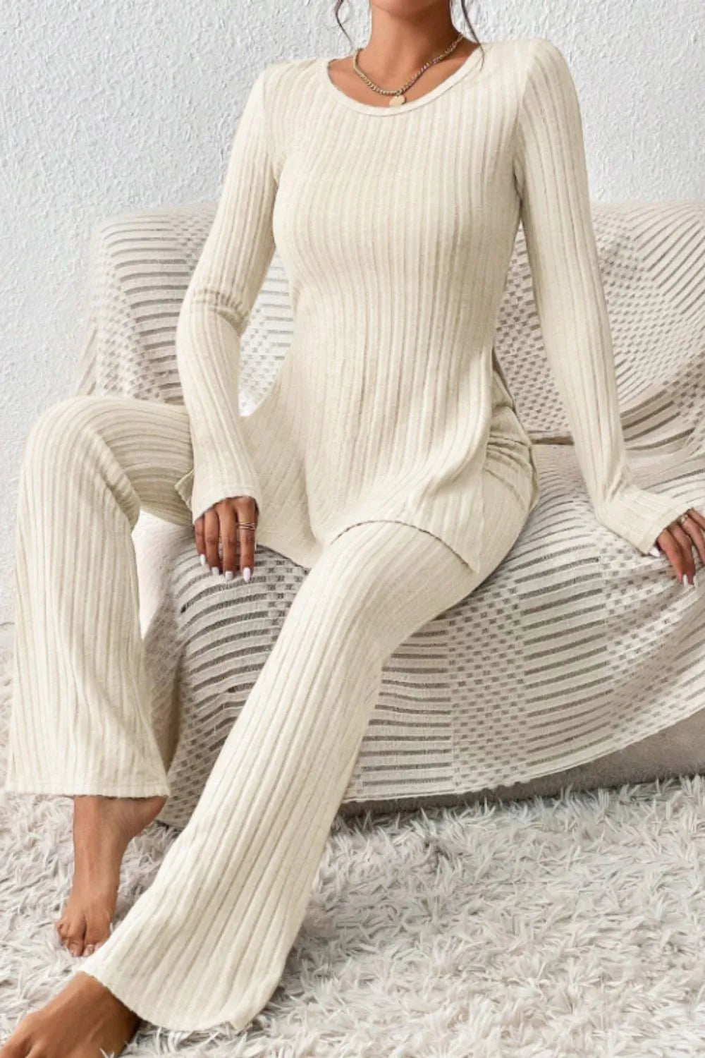 Ribbed Long Sleeve Slit Top and Bootcut Pants Set - CHIC TB