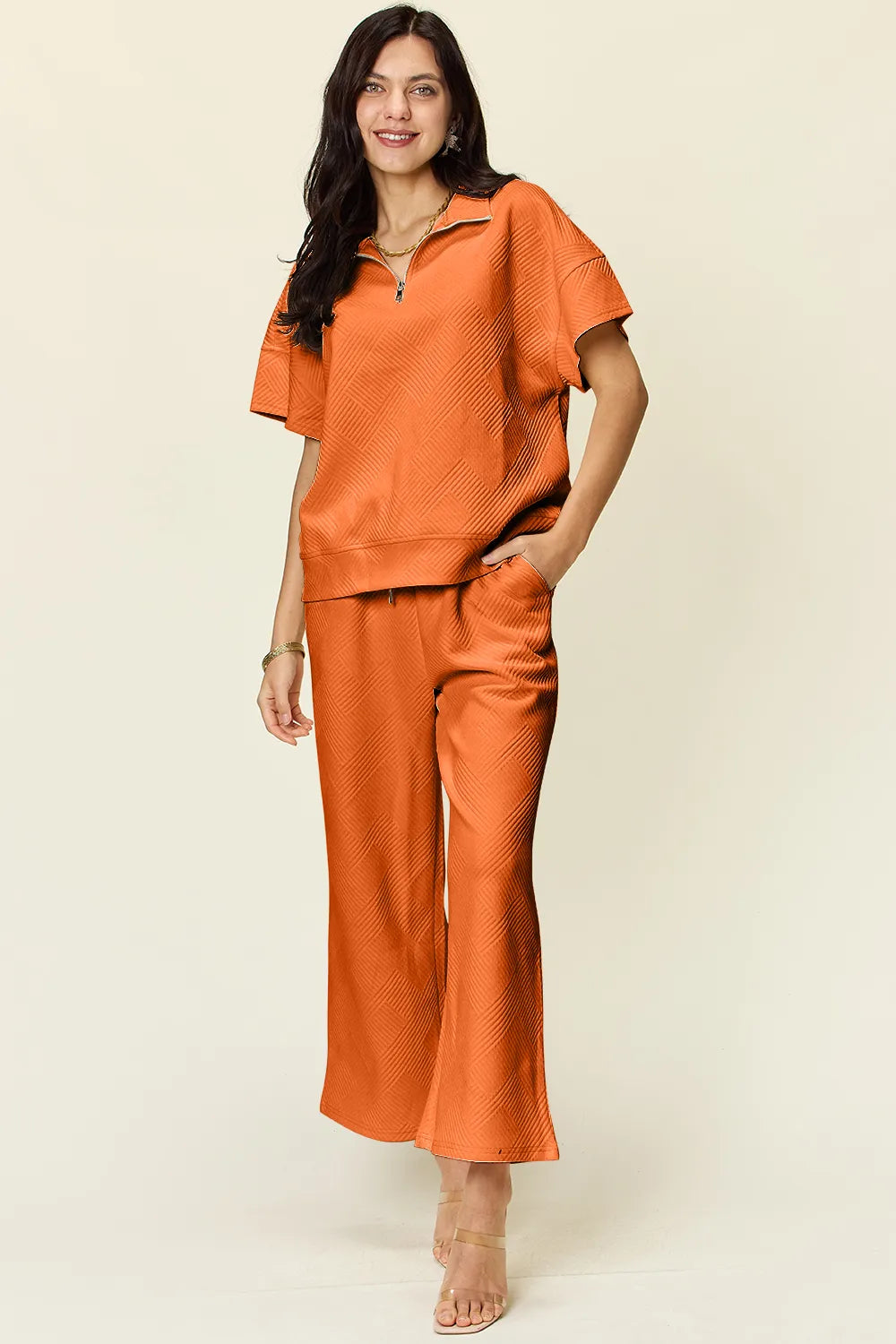 Double Take Full Size Texture Half Zip Short Sleeve Top and Pants Set - CHIC TB