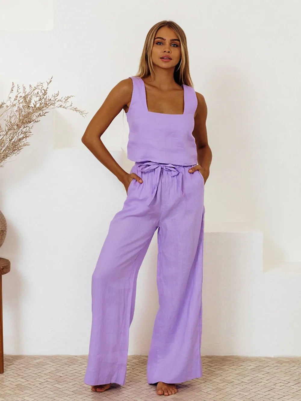 Square Neck Sleeveless Top and Pants Set - CHIC TB