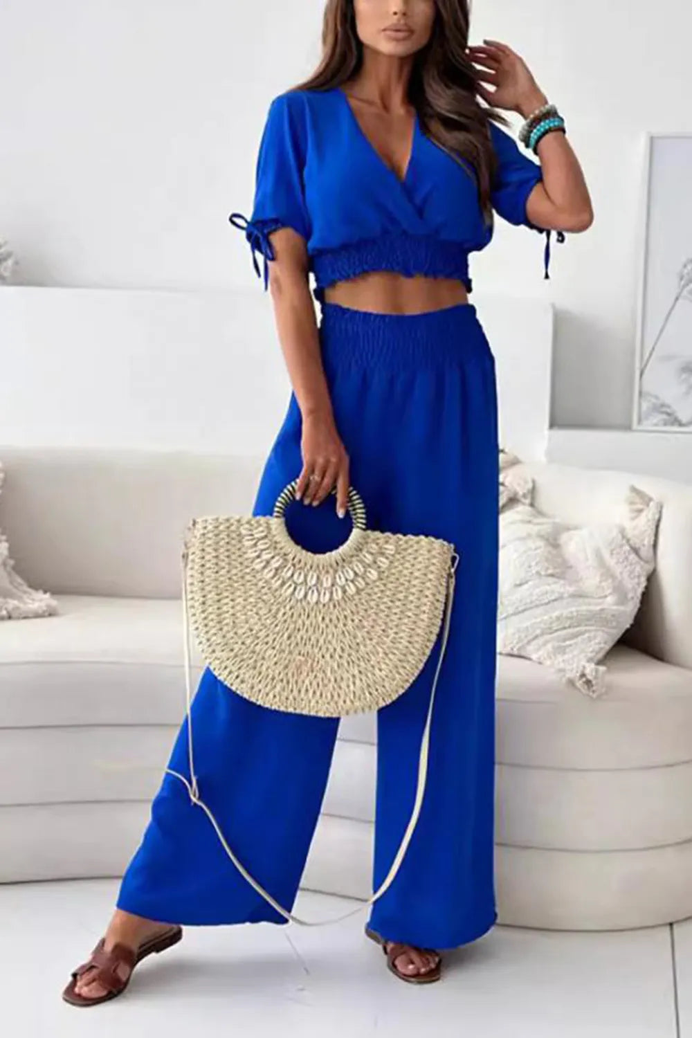 Surplice Short Sleeve Top and Pants Set - CHIC TB