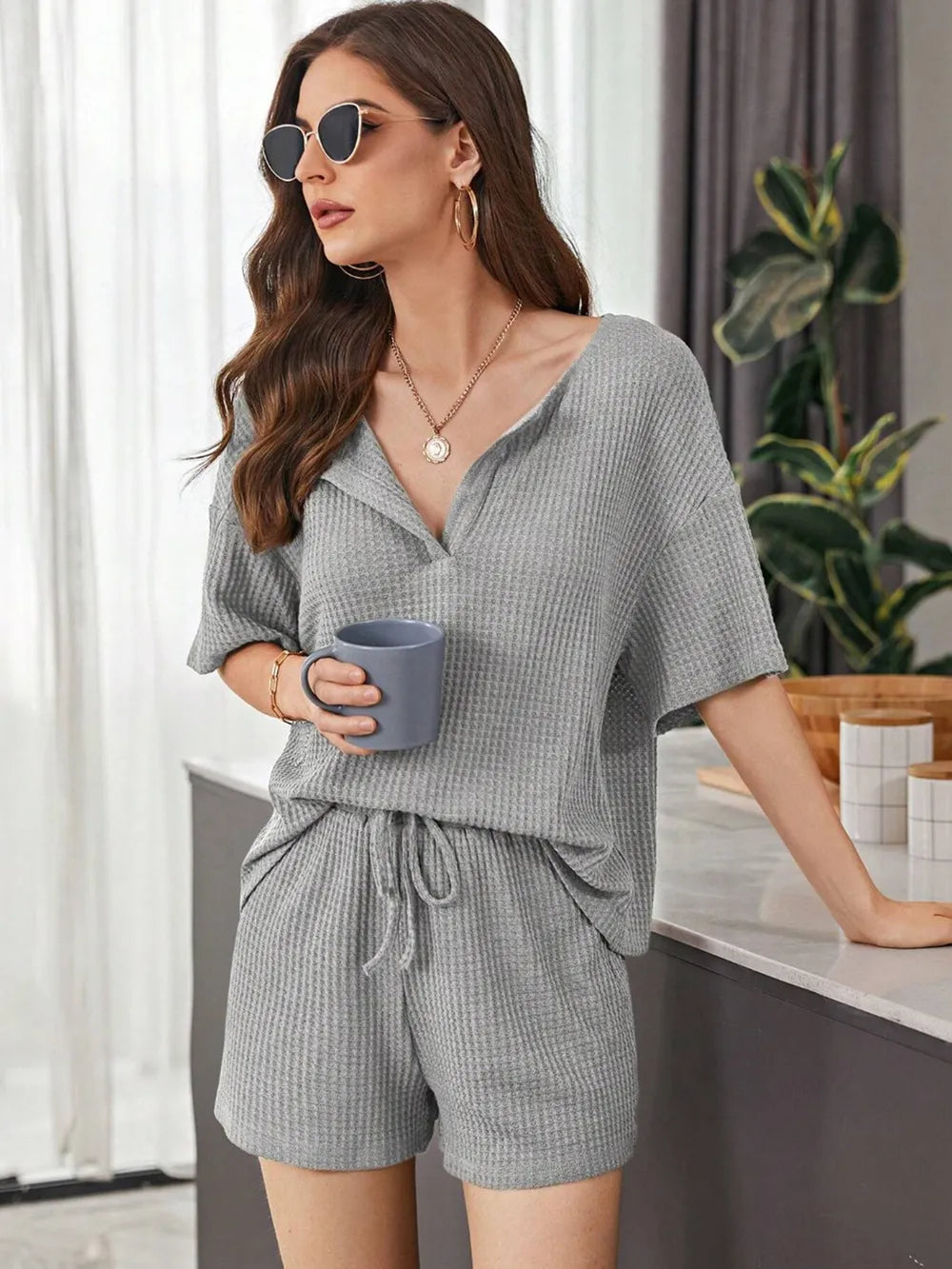 Full Size Waffle-Knit Dropped Shoulder Top and Shorts Set - CHIC TB