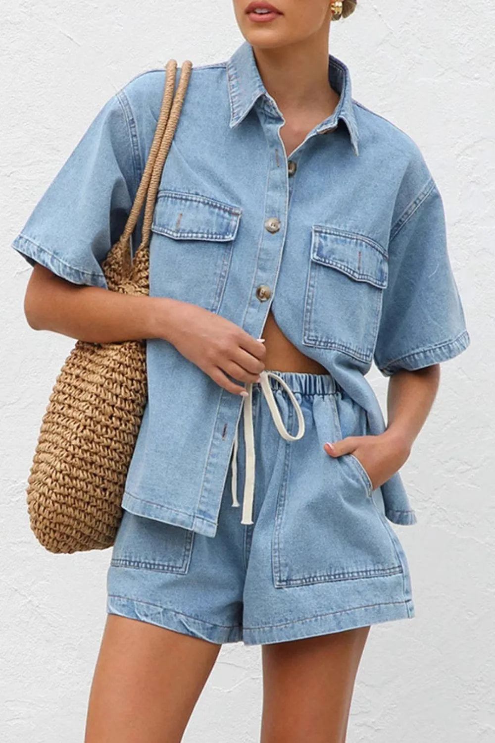 Button Up Top and Shorts Denim Set - CHIC TB