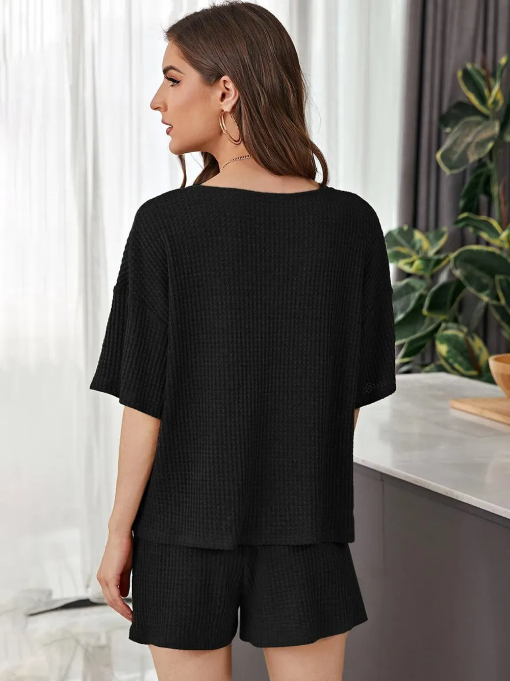 Full Size Waffle-Knit Dropped Shoulder Top and Shorts Set - CHIC TB