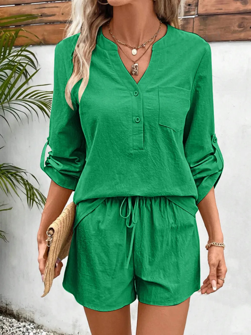 Notched Long Sleeve Top and Shorts Set - CHIC TB