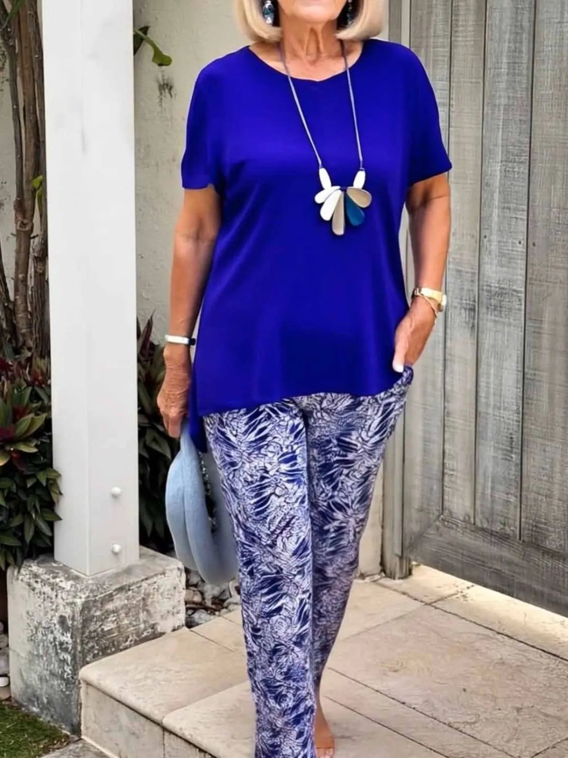 Full Size Round Neck Short Sleeve Top and Pants Set Plus Size - CHIC TB