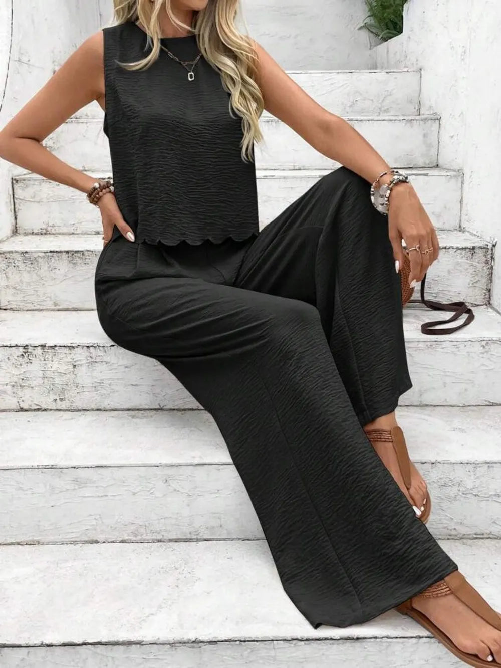 Tie Back Round Neck Top and Pants Set WOMEN - CHIC TB