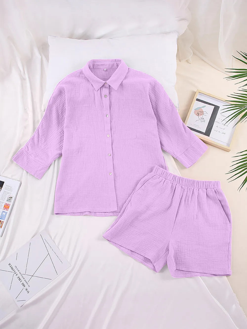 Texture Button Up Shirt and Shorts Set - CHIC TB
