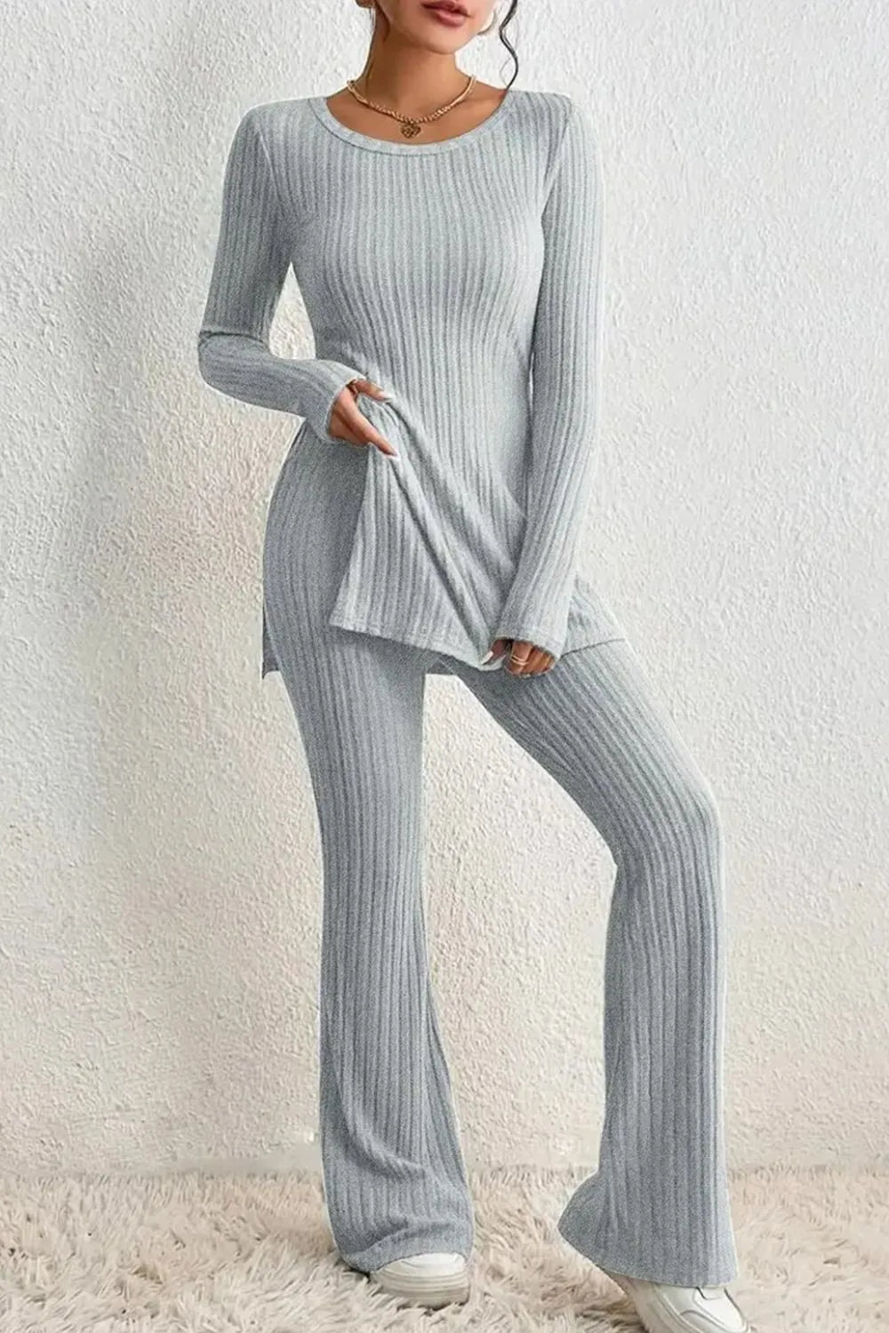 Ribbed Long Sleeve Slit Top and Bootcut Pants Set - CHIC TB