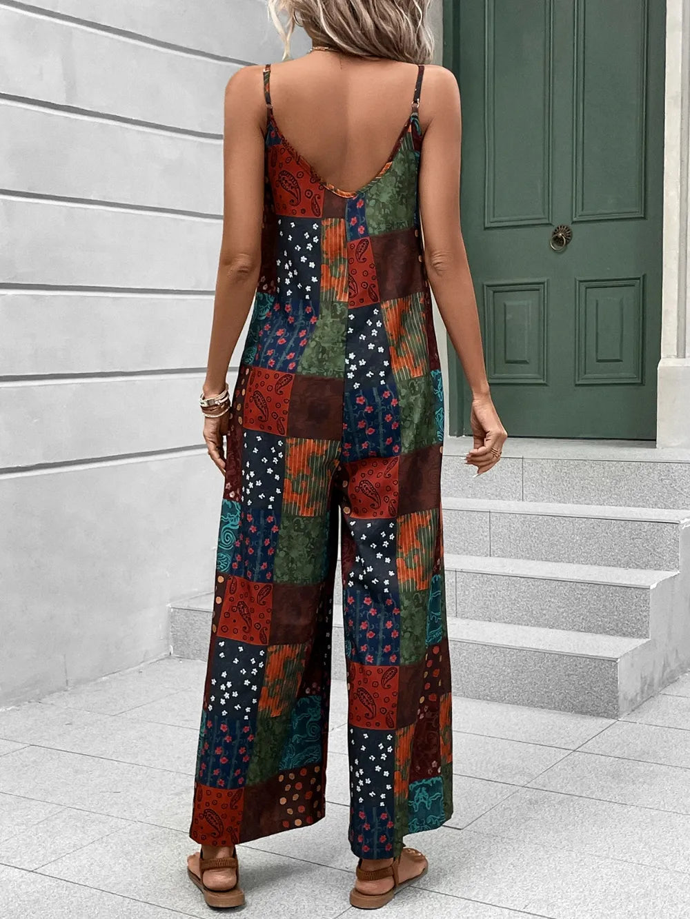 Printed Scoop Neck Spaghetti Strap Jumpsuit - CHIC TB