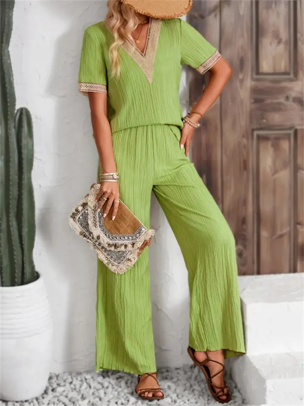 V-Neck Short Sleeve Top and Pants Set - CHIC TB