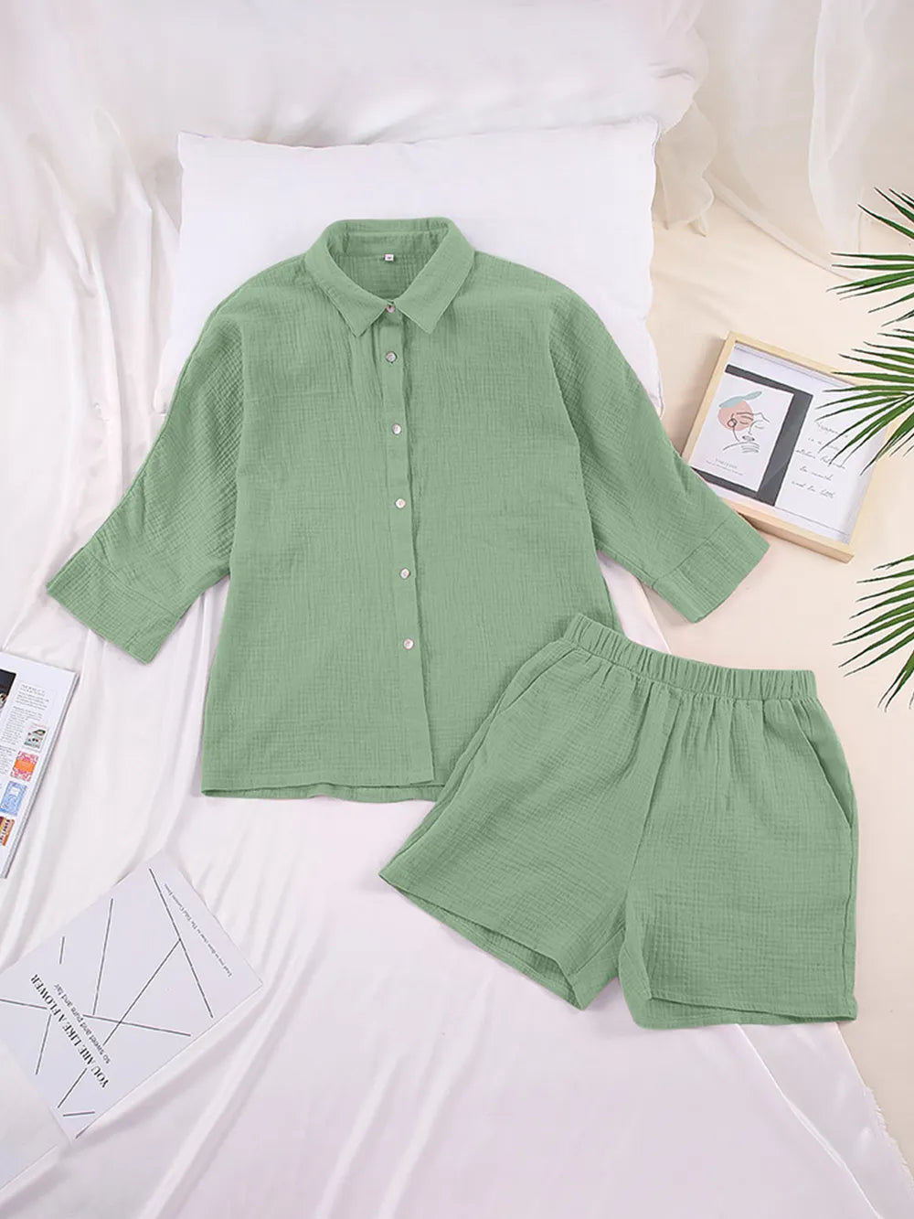 Texture Button Up Shirt and Shorts Set - CHIC TB