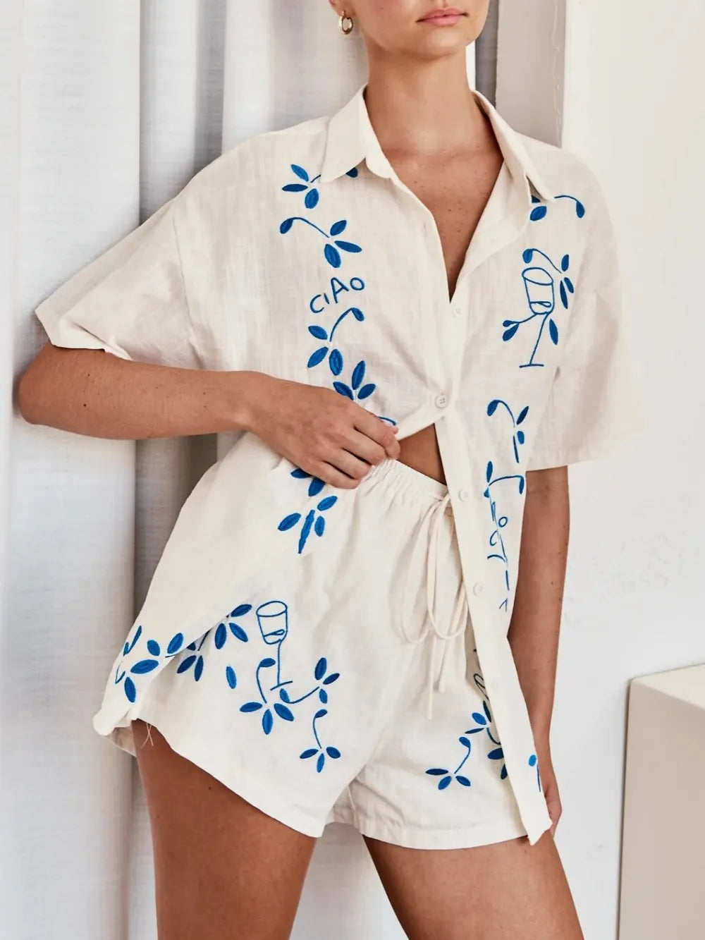 Embroidered Button Up Half Sleeve Top and Shorts Set - CHIC TB