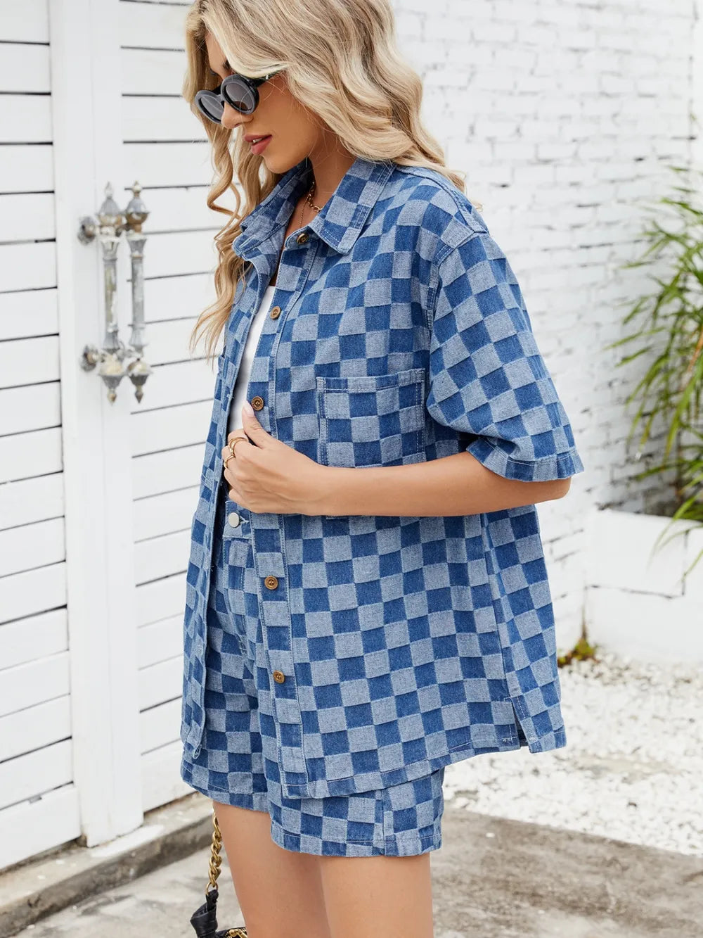 Checkered Shirt and Shorts Denim Set - CHIC TB