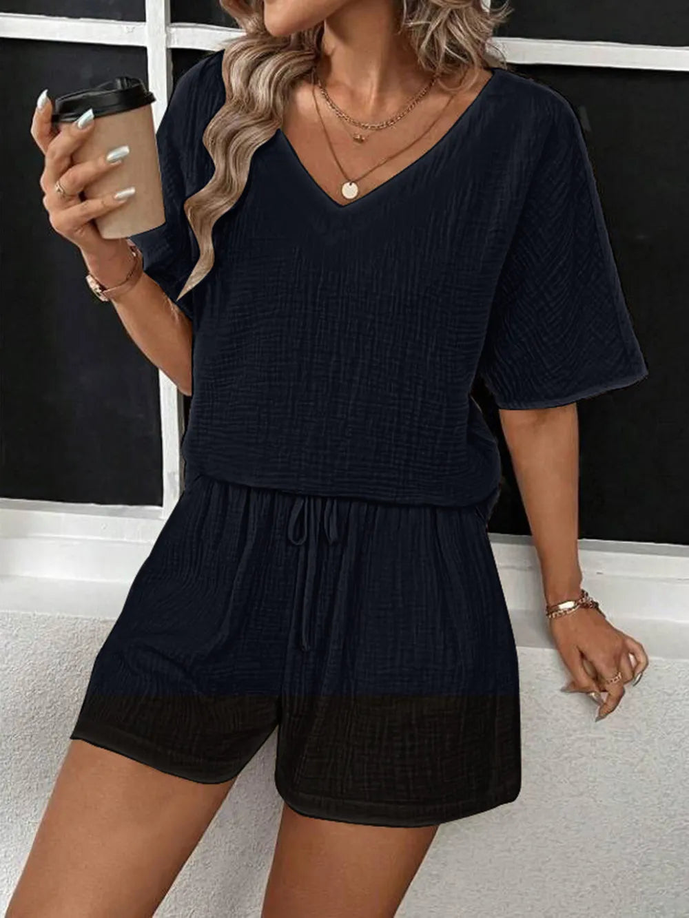 V-Neck Half Sleeve Top and Shorts Set - CHIC TB