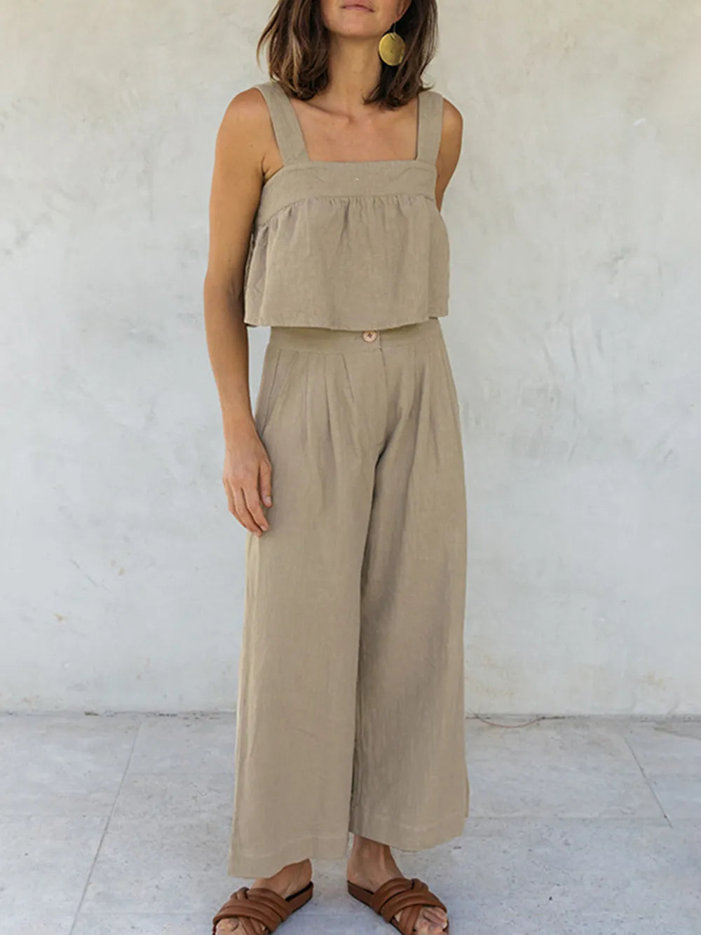 Square Neck Wide Strap Top and Pants Set - CHIC TB