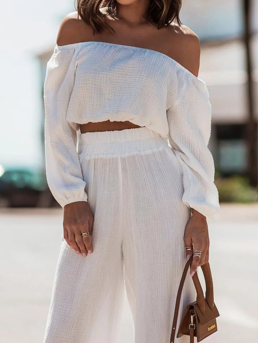 Off Shoulder Long Sleeve Top and Pants Set - CHIC TB