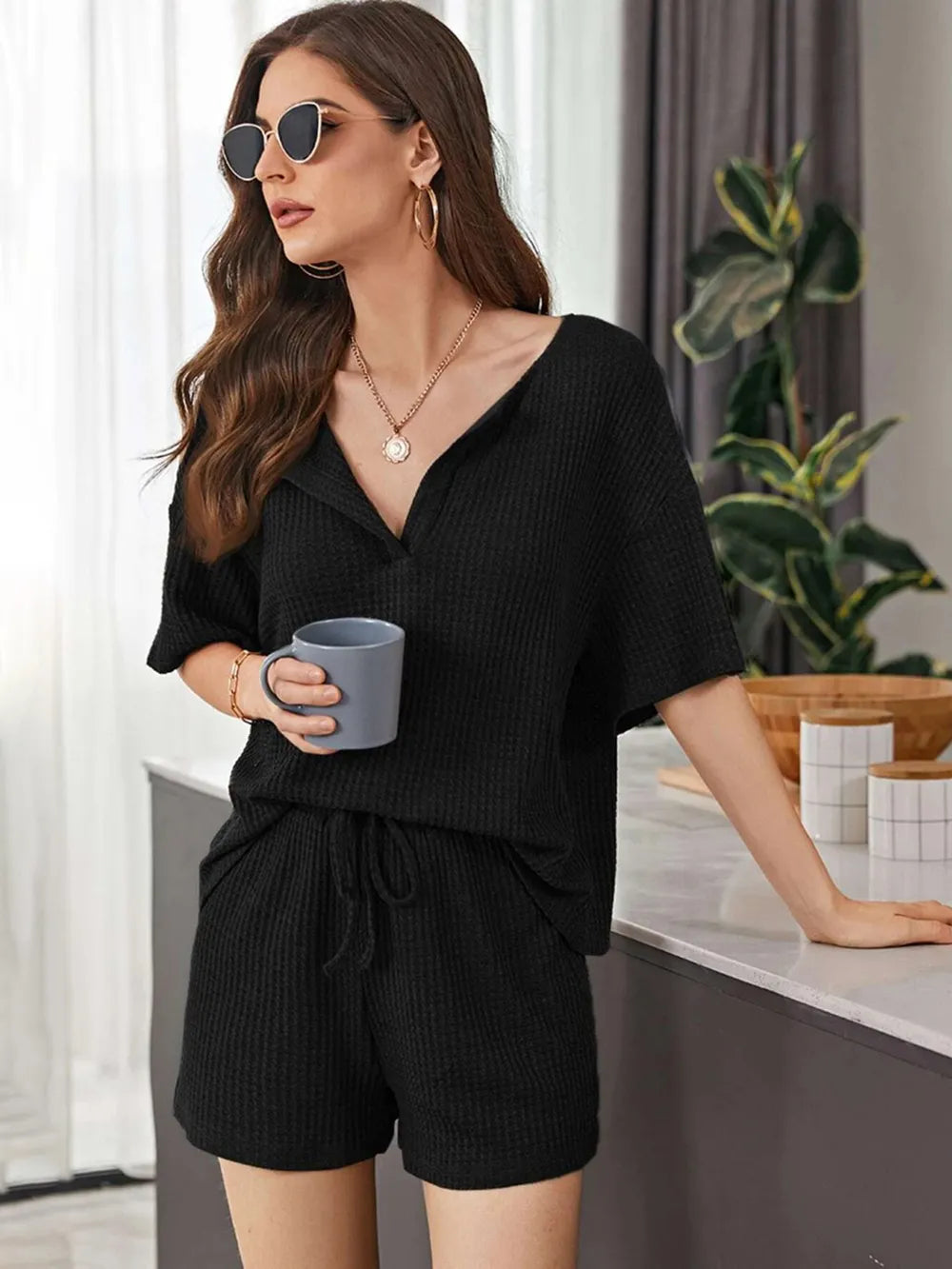 Full Size Waffle-Knit Dropped Shoulder Top and Shorts Set - CHIC TB