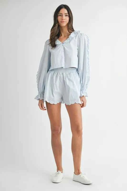 Long Sleeve Scallop Blouse and Shorts Set