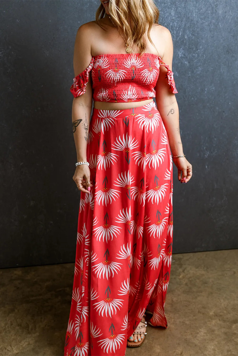 WOMEN Off-Shoulder Top and Slit Skirt Set - CHIC TB