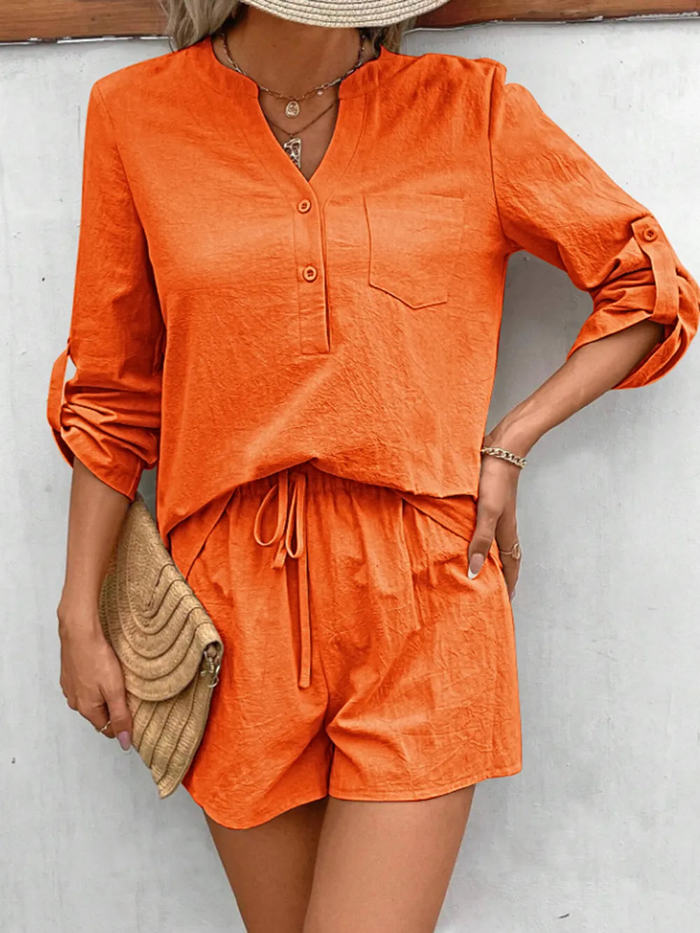 Notched Long Sleeve Top and Shorts Set - CHIC TB