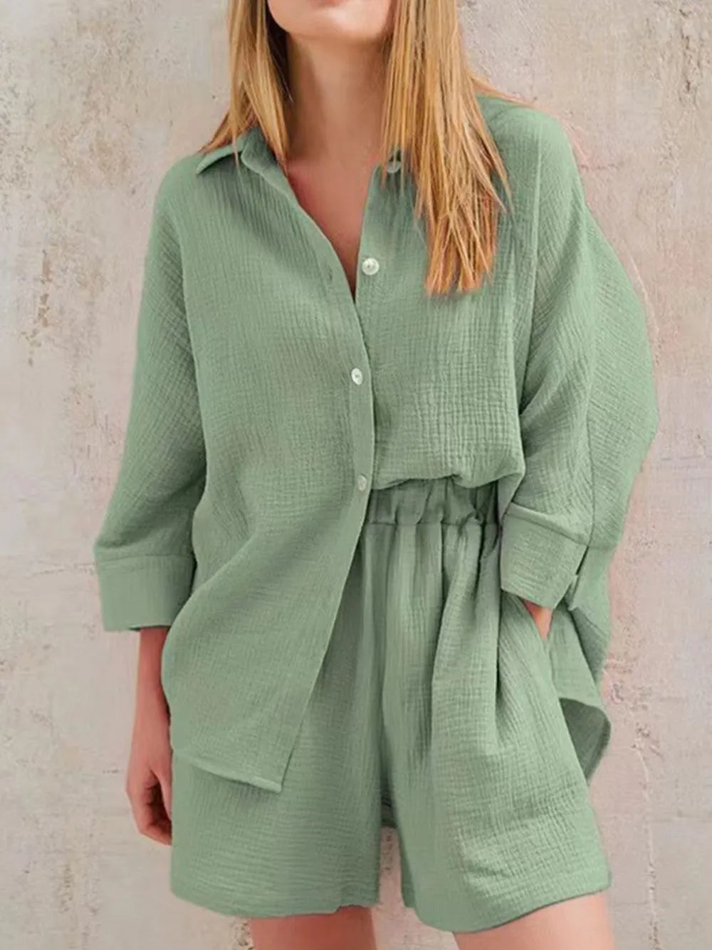 Texture Button Up Shirt and Shorts Set - CHIC TB