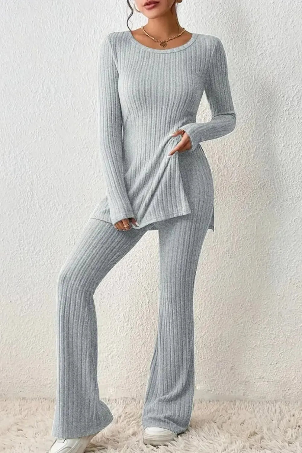 Ribbed Long Sleeve Slit Top and Bootcut Pants Set - CHIC TB