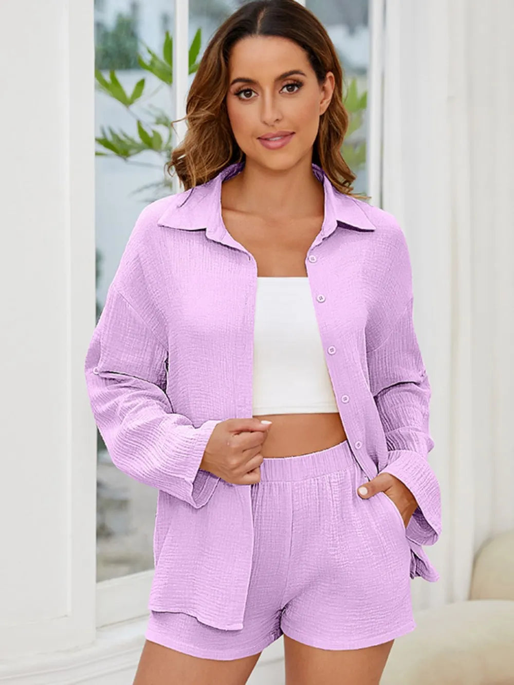 Button Up Long Sleeve Top and Shorts Set - CHIC TB