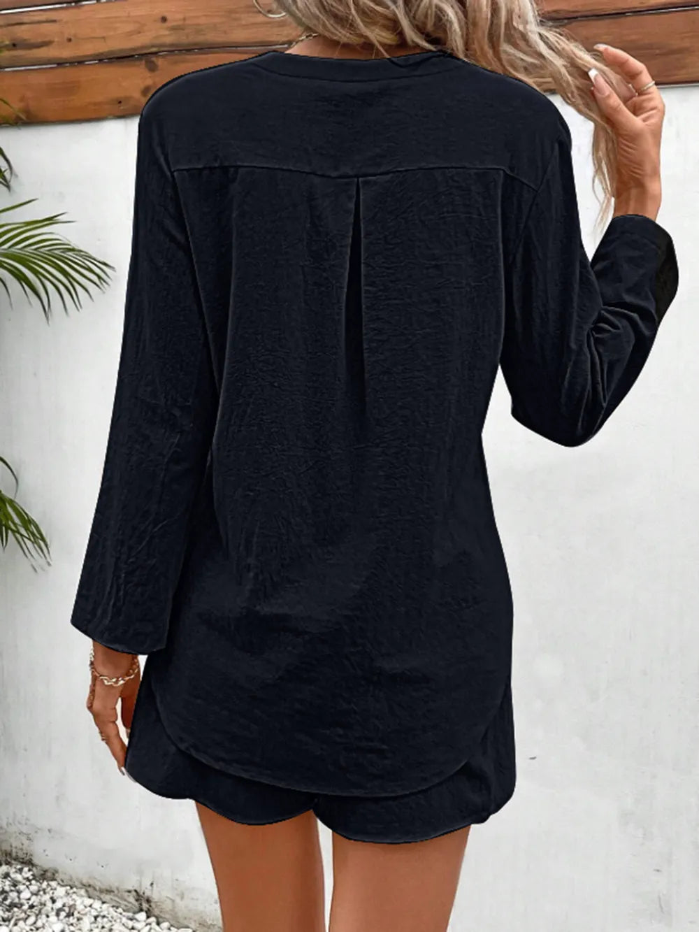 Notched Long Sleeve Top and Shorts Set - CHIC TB