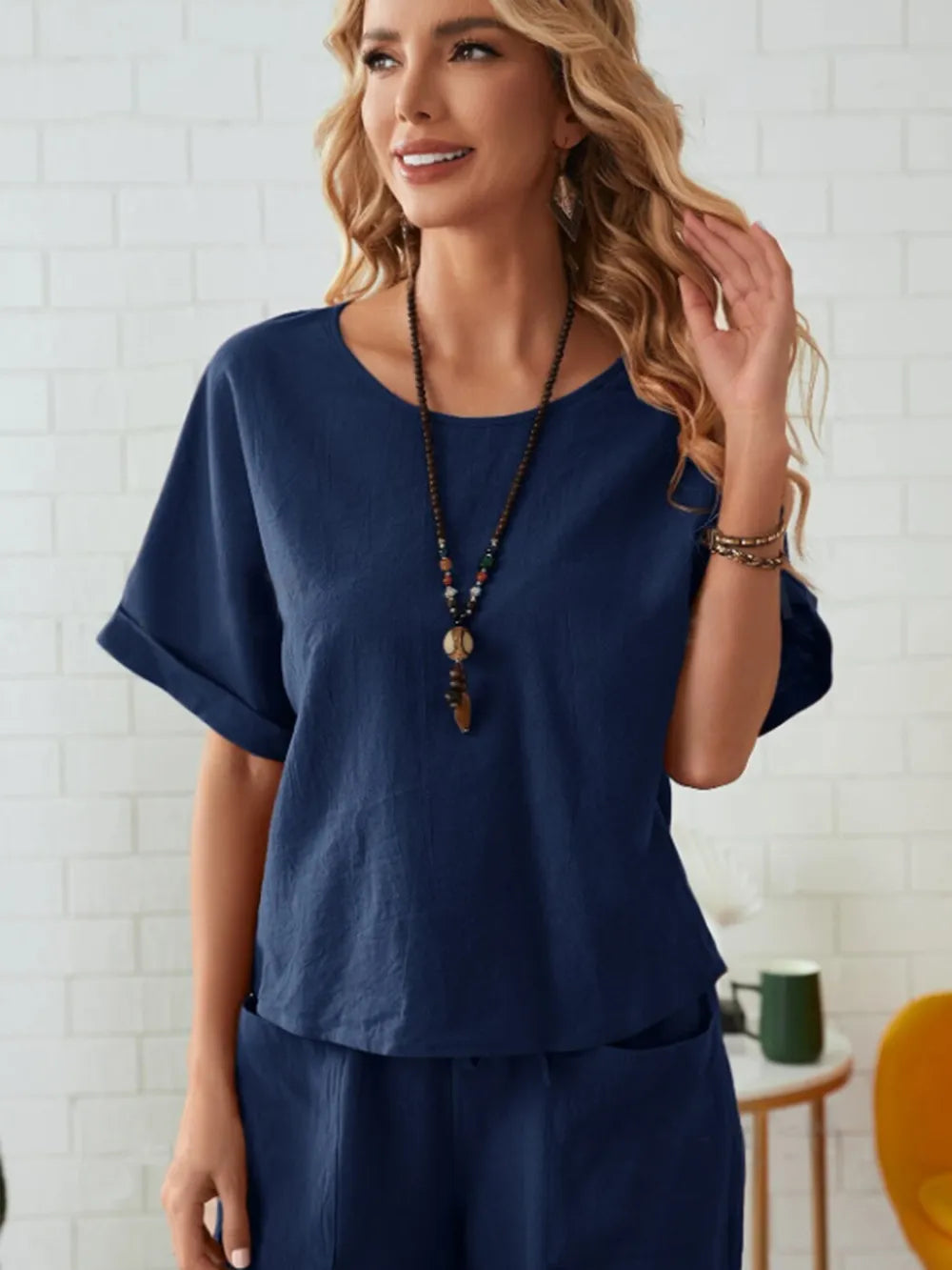 Round Neck Half Sleeve Top and Pocketed Pants Set - CHIC TB