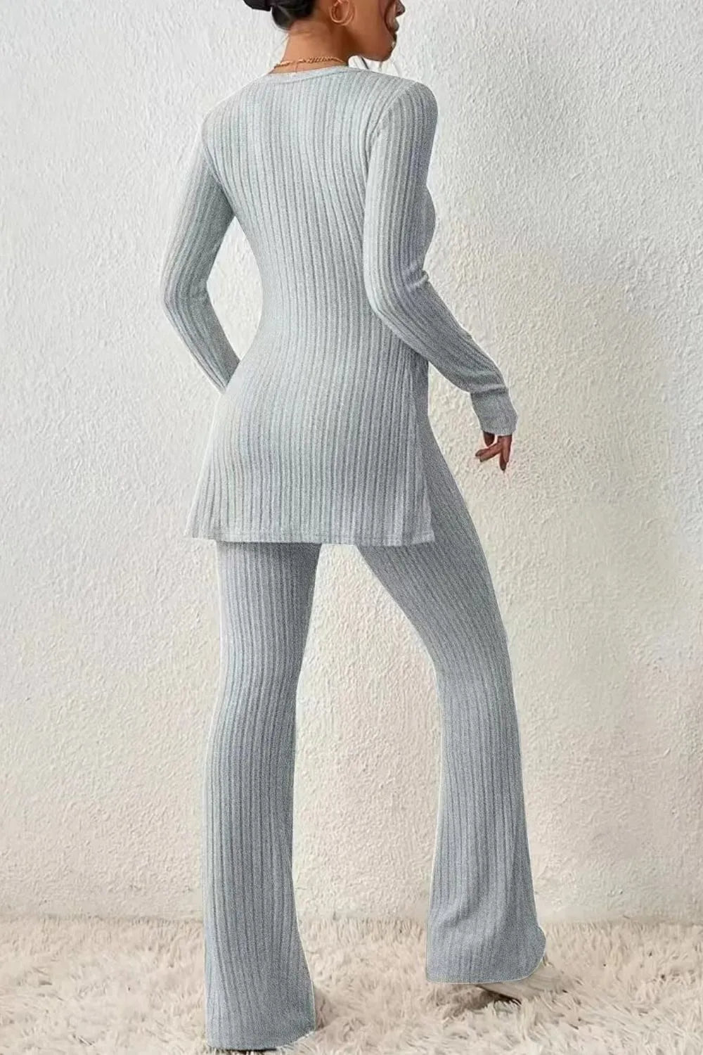 Ribbed Long Sleeve Slit Top and Bootcut Pants Set - CHIC TB