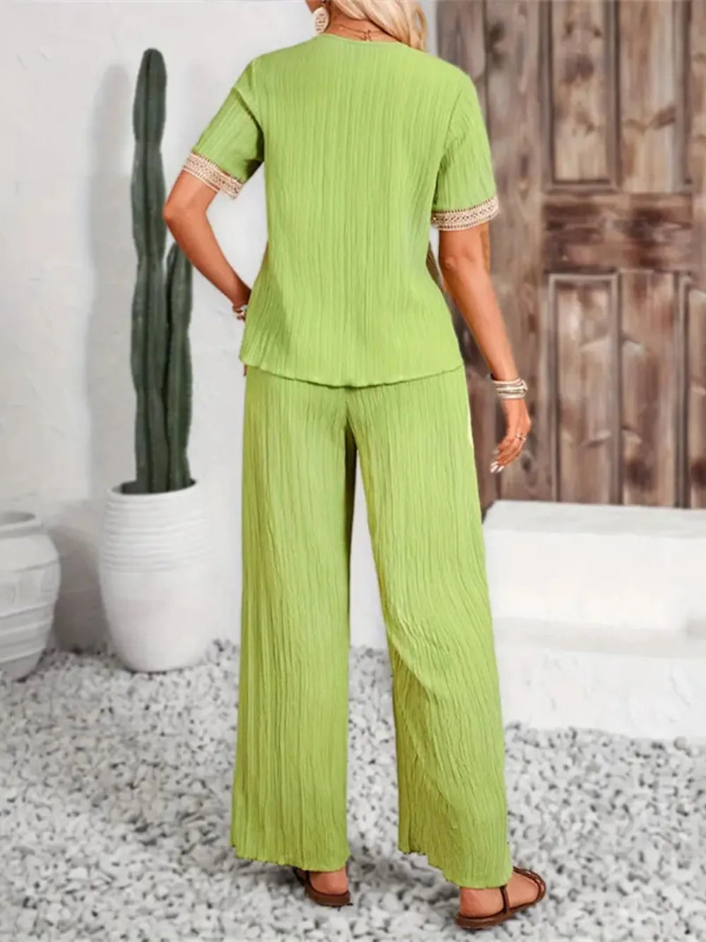 V-Neck Short Sleeve Top and Pants Set - CHIC TB