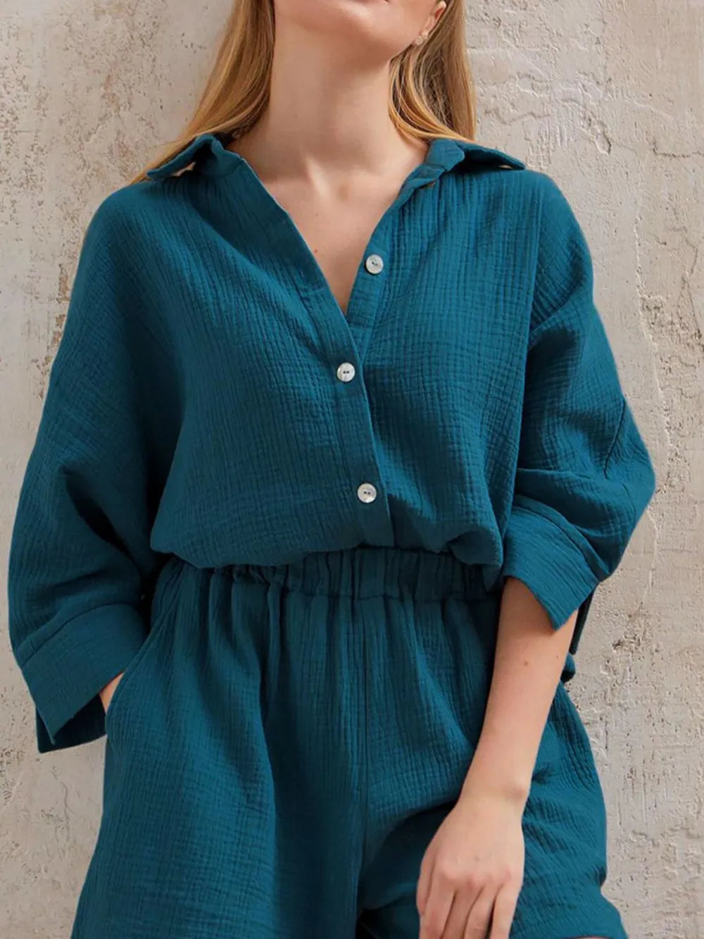Texture Button Up Shirt and Shorts Set - CHIC TB