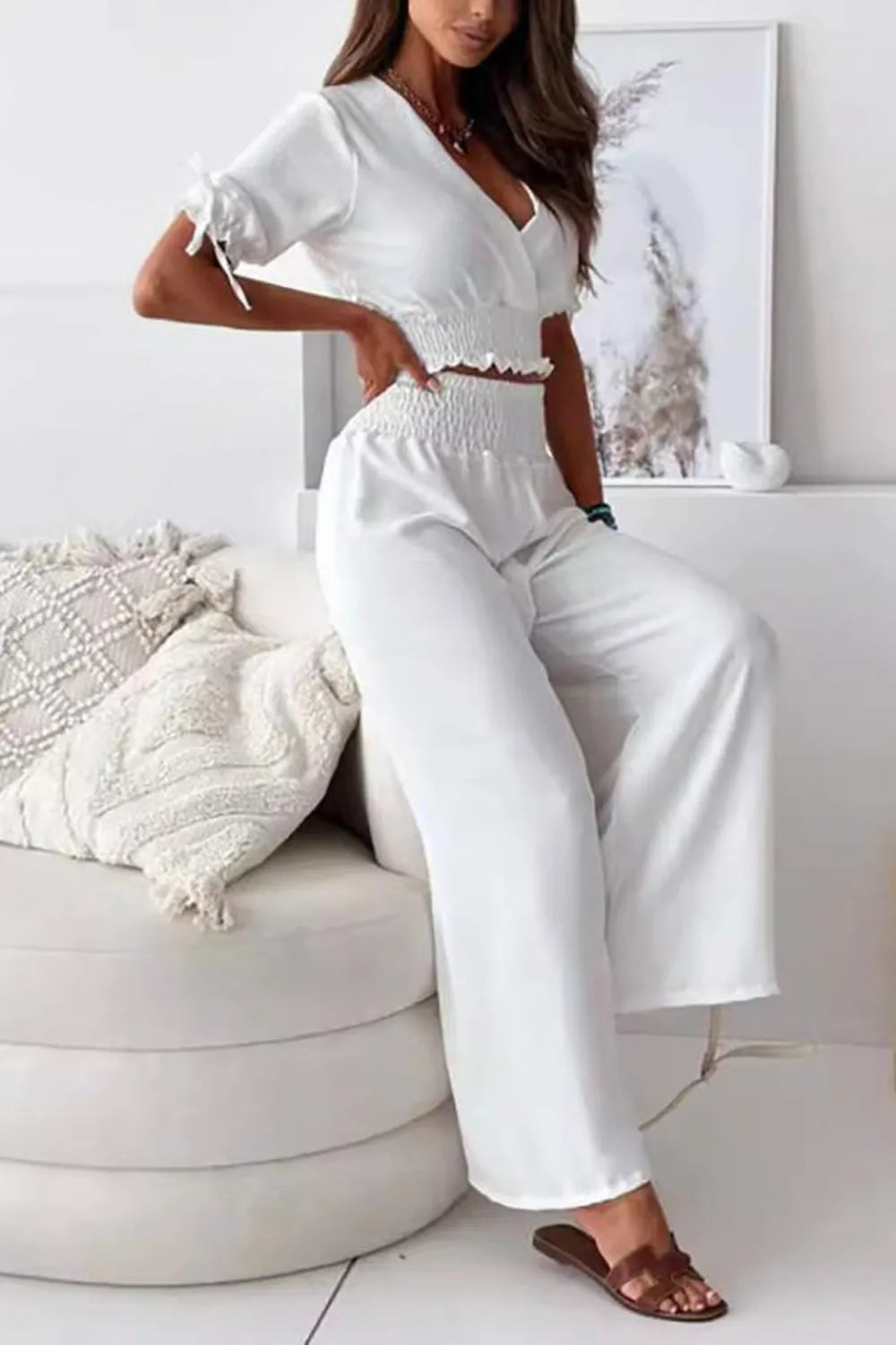 Surplice Short Sleeve Top and Pants Set - CHIC TB